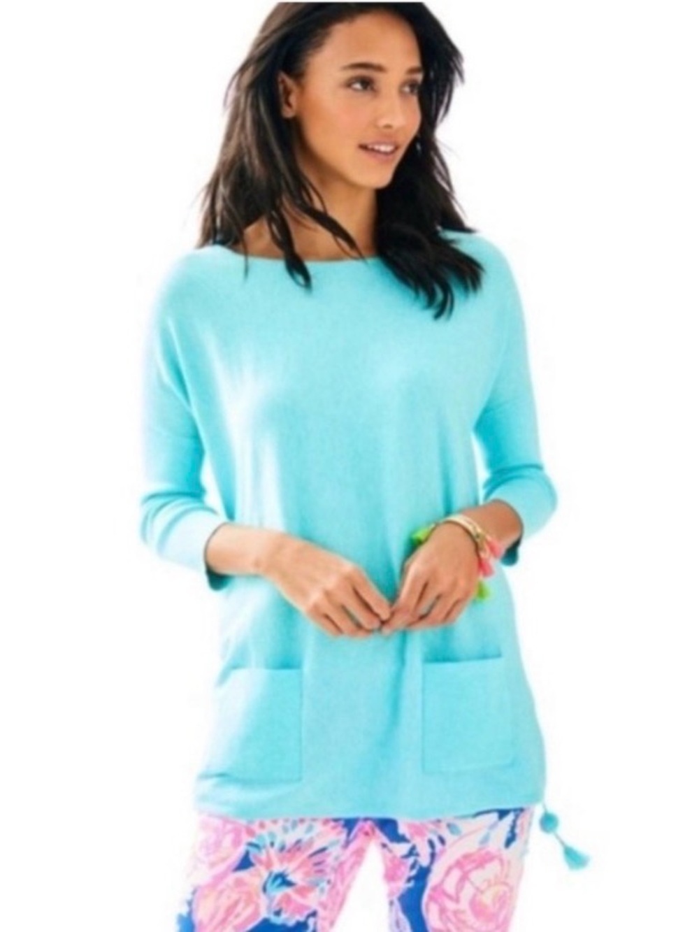 Lilly Pulitzer Elba Aqua Knit Tunic Sweater with Tassel Detail